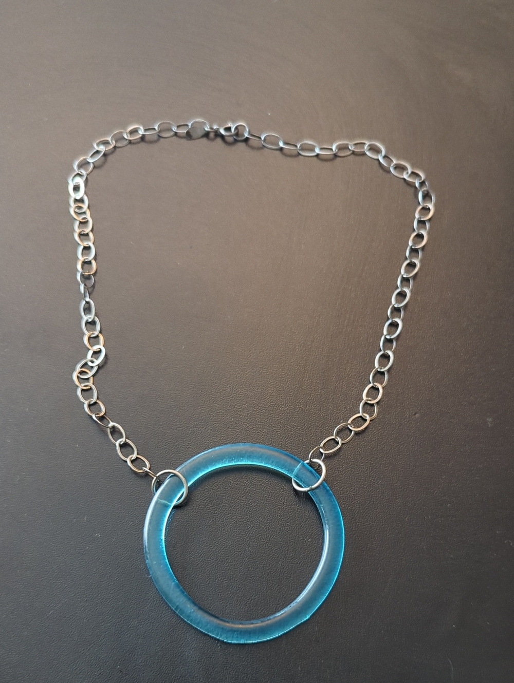 Artist Made Blue Glass Circle On Sterling Chain